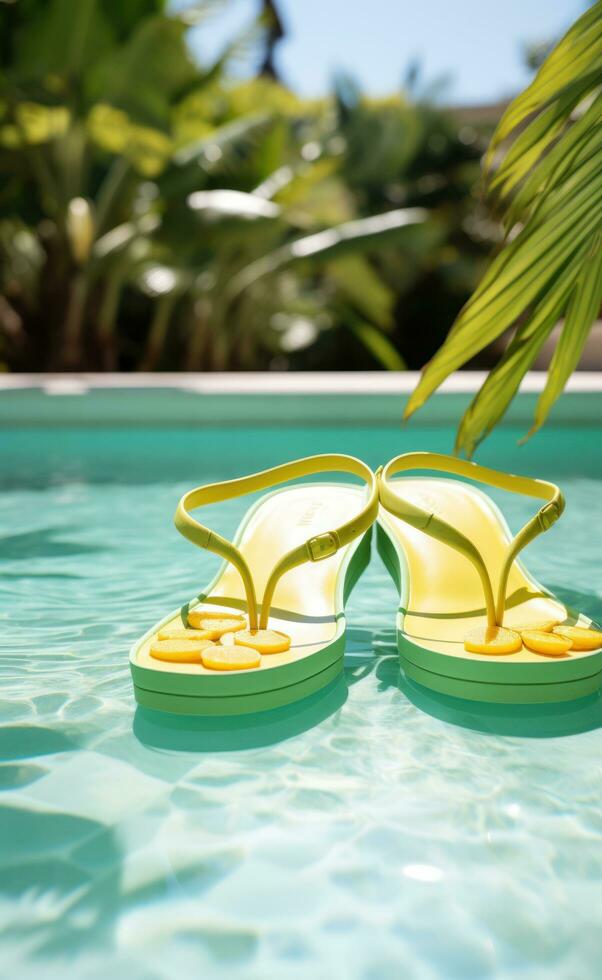 Flip Flops auf Terrasse auf ein Schwimmbad foto