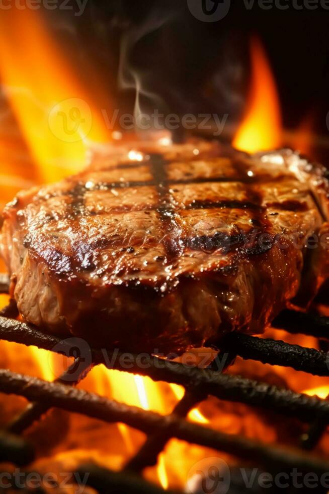 Fleisch Rindfleisch Steak gegrillt auf Feuer, Essen Grill und heiß Grill, generativ ai foto