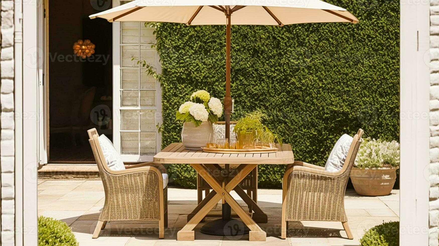 modern Hütte Garten Möbel, draussen Dekor und Landschaft Haus Terrasse Terrasse Stühle und Tabelle mit Regenschirm, Land Stil, generativ ai foto