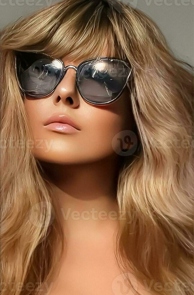 Luxus Mode, Reise und Schönheit Gesicht Porträt von jung blond Frau, tragen schick Sonnenbrille, sonnengebräunt Haut und lange Strand Wellen Frisur, Sommer- Zubehörteil und Glanz Stil foto