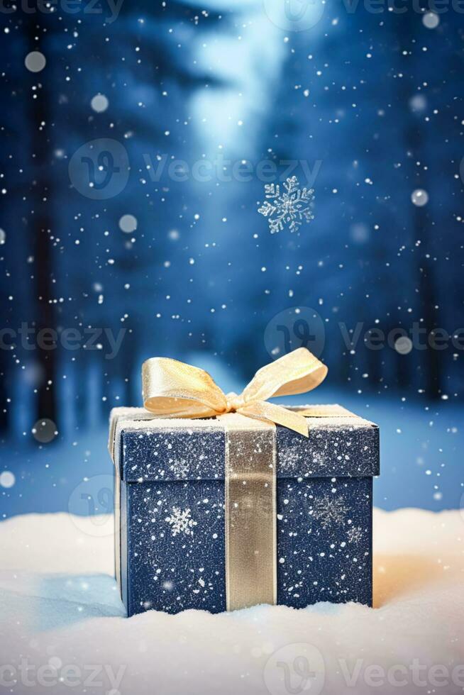 Weihnachten Urlaub Geschenk und gegenwärtig, Geschenk Box im das Schnee im  Schneefall Winter Landschaft Natur zum Boxen Tag, Ferien Einkaufen Verkauf  29228862 Stock-Photo bei Vecteezy