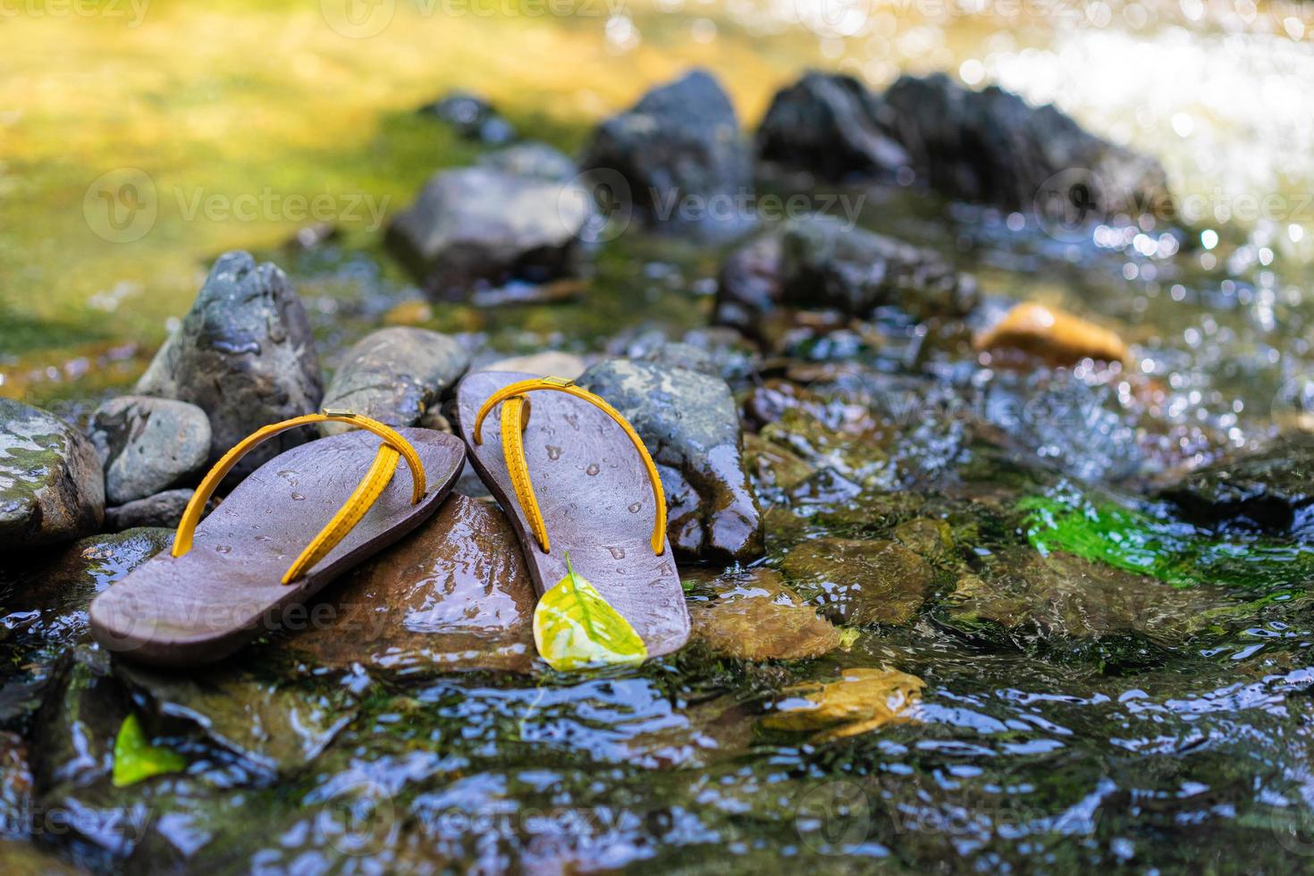 Pantoffeln wurden auf den Felsen im Wasser gelegt foto