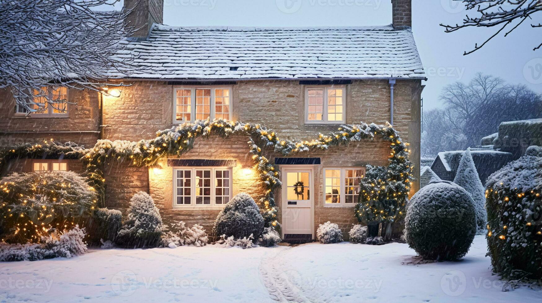 Weihnachten im das Landschaft, Hütte und Garten dekoriert zum Ferien auf ein schneebedeckt Winter Abend mit Schnee und Urlaub Beleuchtung, Englisch Land Styling foto