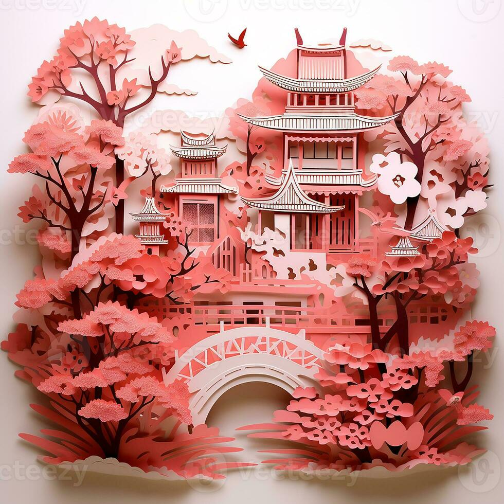 Papier Schnitt Stil, japanisch Garten mit Kirsche blüht. Dekoration mit schön Blühen Kirsche Bäume, Sakura und japanisch Pagoden foto