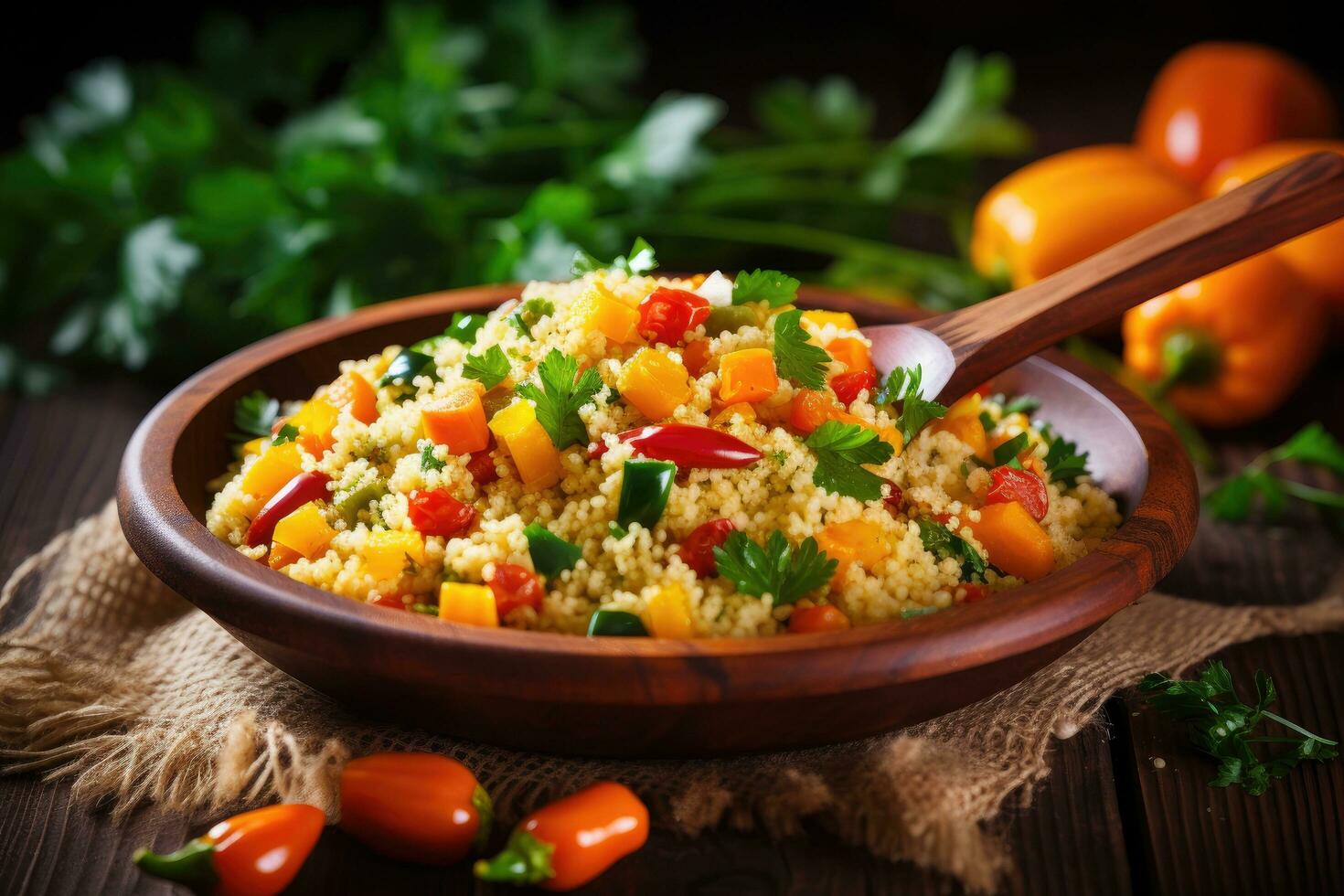 Couscous mit Gemüse und Petersilie im ein hölzern Schüssel, Couscous mit Gemüse im hölzern Löffel auf rustikal Hintergrund, ai generiert foto