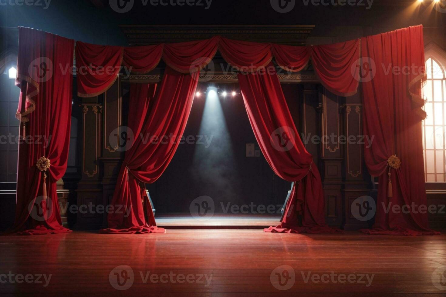rot Bühne Vorhang mit Bogen Eingang. ai generiert foto