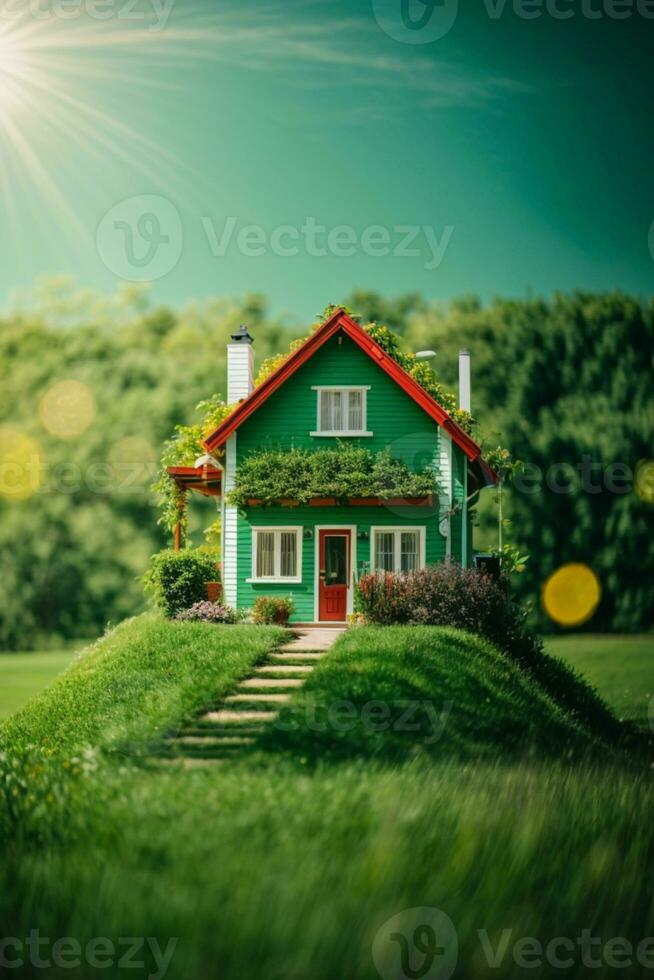 Kopieren Raum von Zuhause und Leben Konzept. klein Modell- Zuhause auf Grün Gras mit Sonnenlicht abstrakt Hintergrund.. ai generiert foto