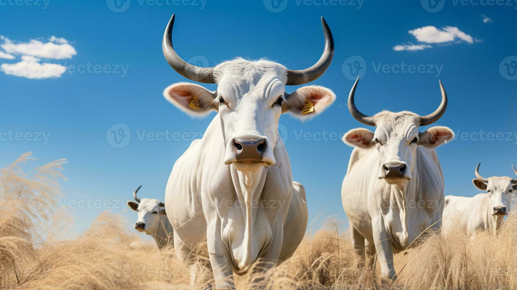 Foto von ein Zebu unter Blau Himmel. generativ ai