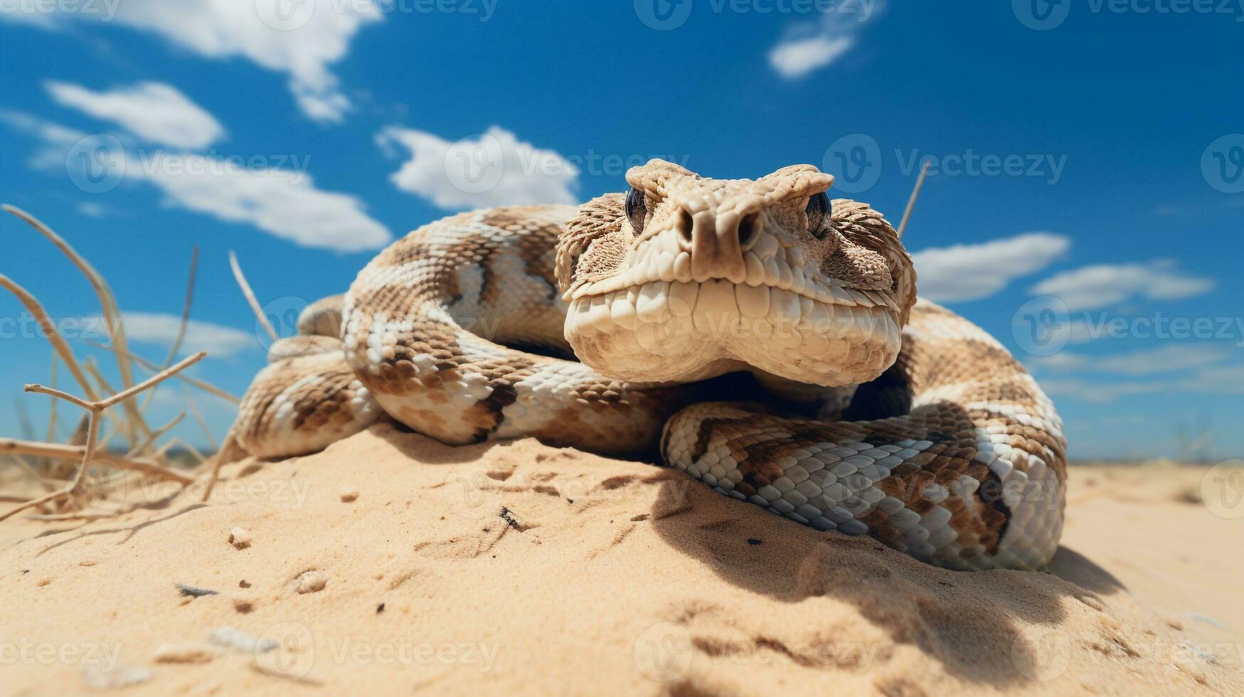 Foto von ein Seitenwinder Klapperschlange im ein Wüste mit Blau Himmel. generativ ai