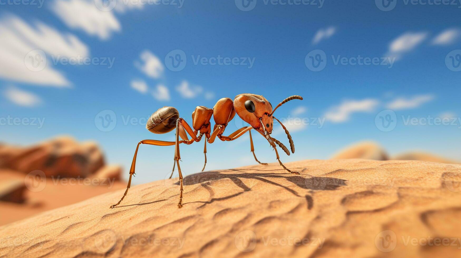 Foto von ein Sahara Wüste Ameise im ein Wüste mit Blau Himmel. generativ ai