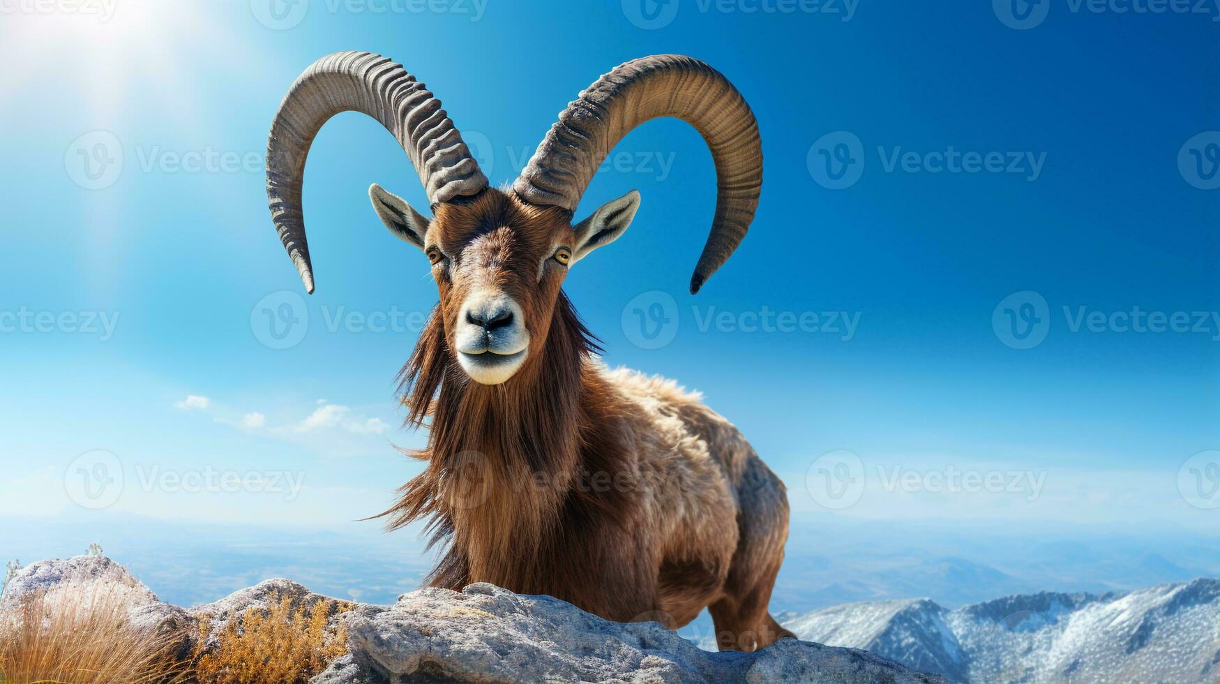 Foto von ein Steinbock unter Blau Himmel. generativ ai