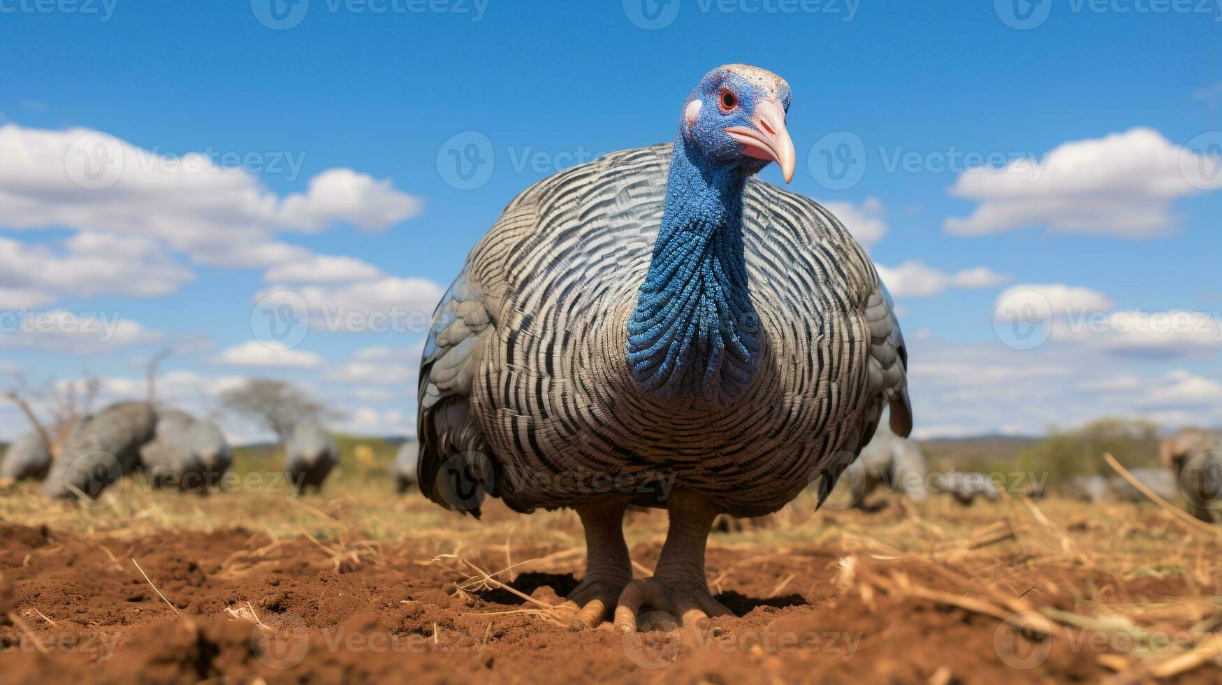 Foto von ein Perlhuhn im das Ackerland. generativ ai