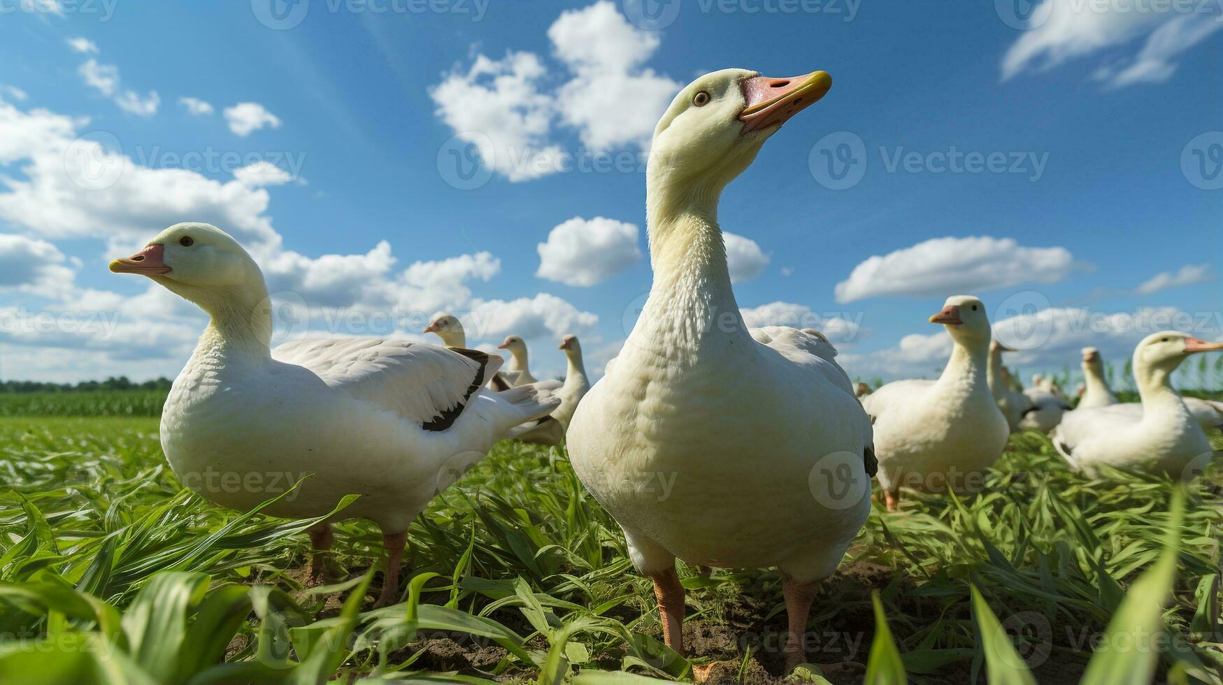 Foto von ein Gänse im das Ackerland. generativ ai