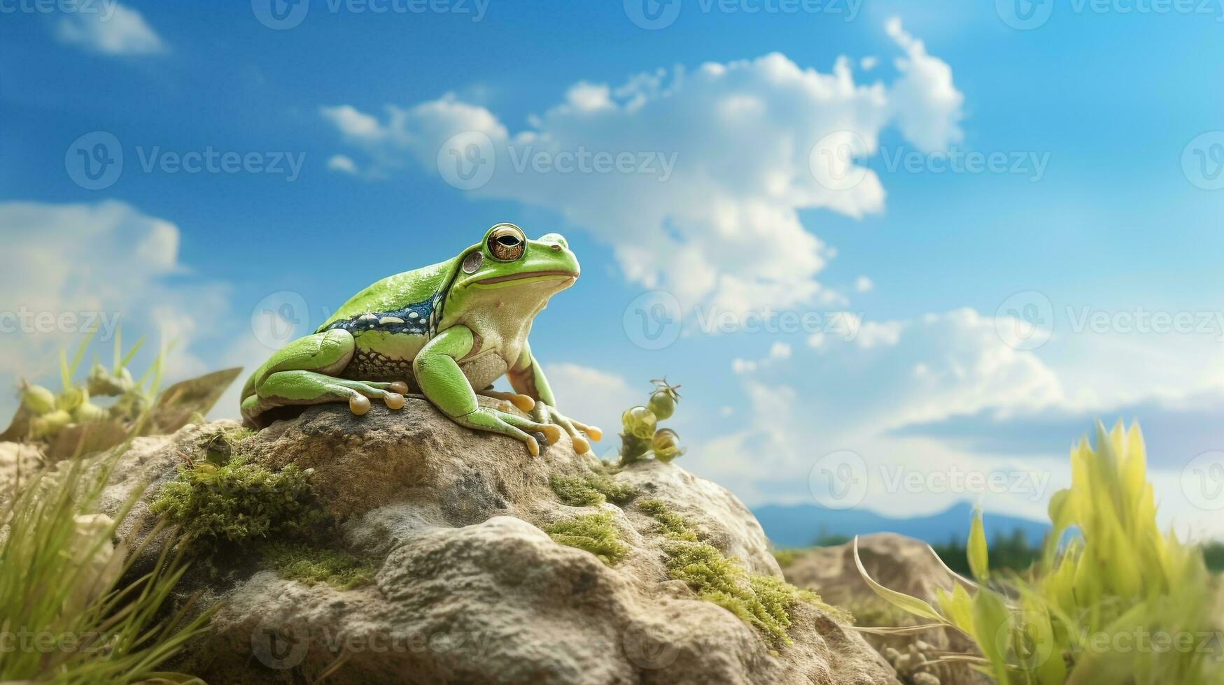 Foto von ein Frosch unter Blau Himmel. generativ ai