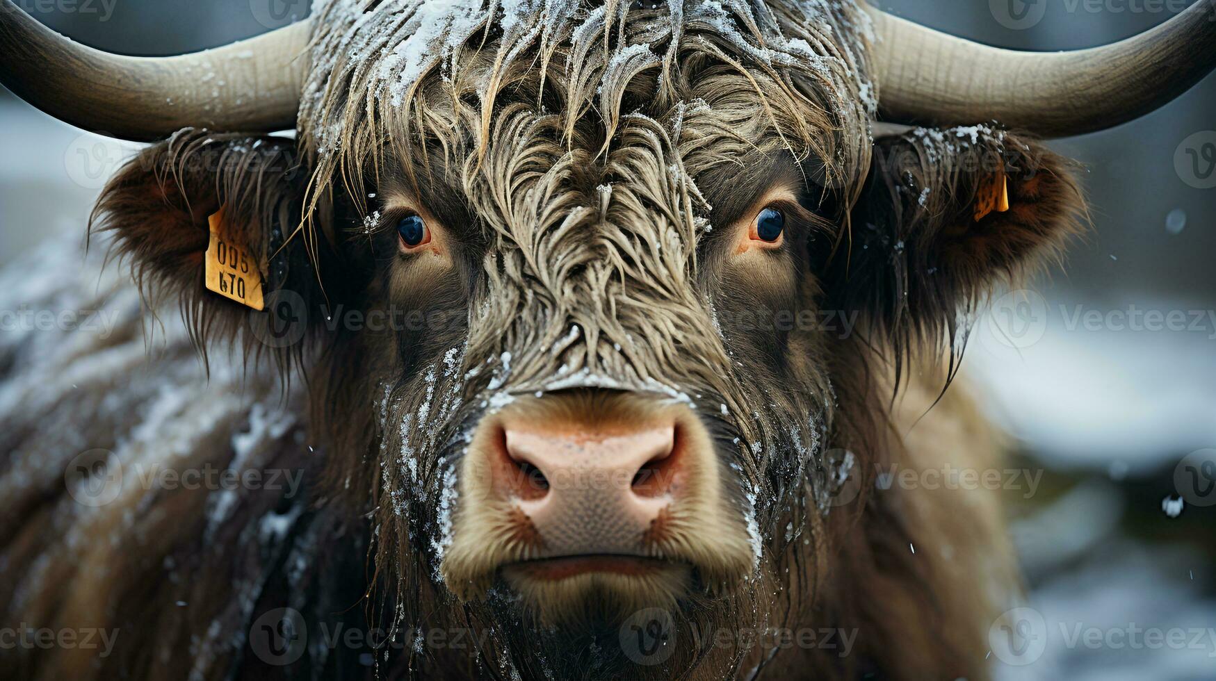 Nahansicht Foto von ein Yak suchen irgendein Richtung. generativ ai