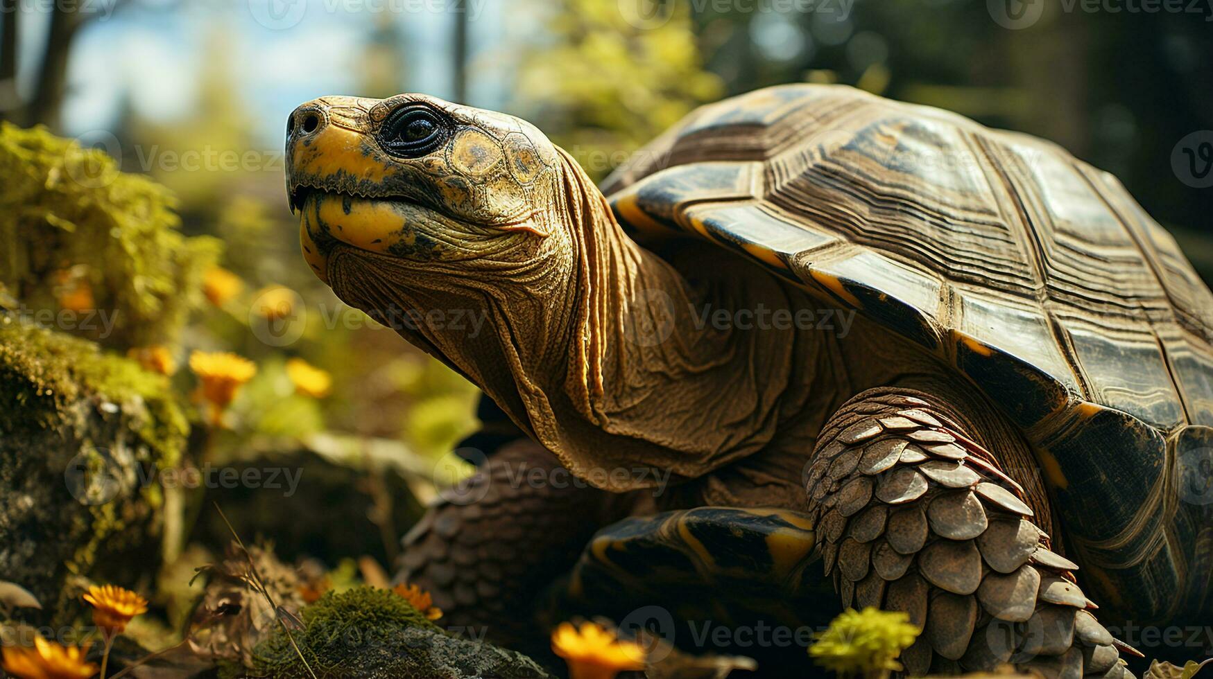 Nahansicht Foto von ein Schildkröte suchen im ihr Lebensraum. generativ ai