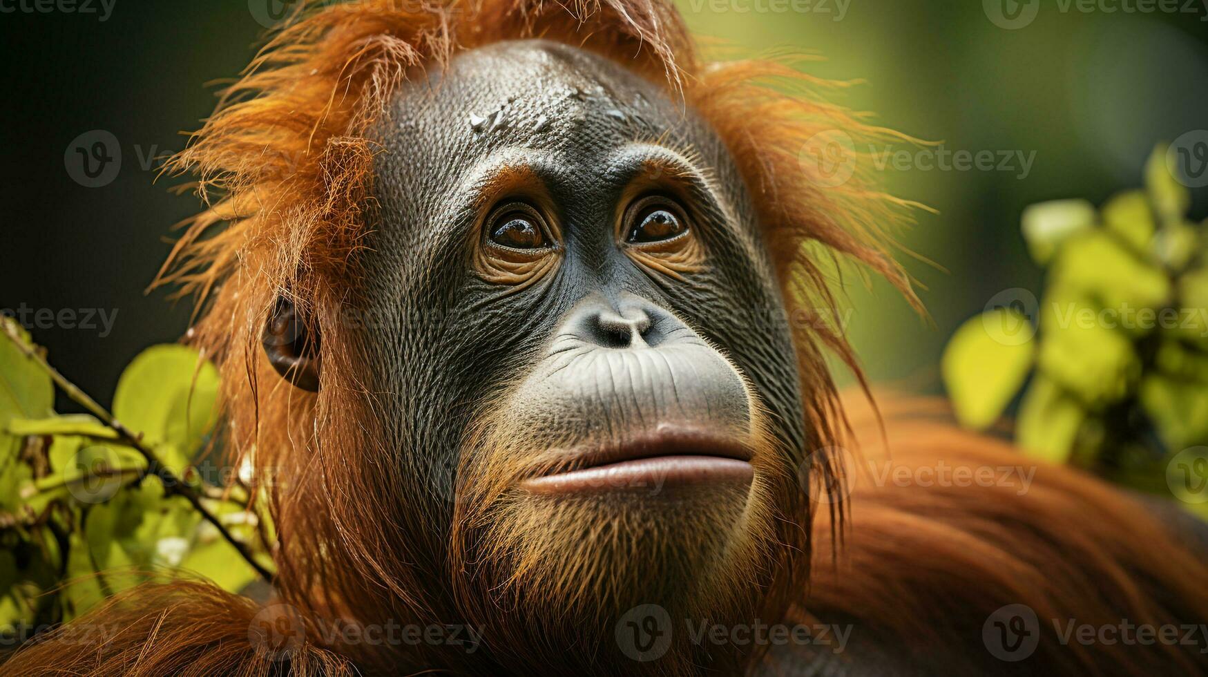 Nahansicht Foto von ein Orang-Utan suchen irgendein Richtung auf Dschungel. generativ ai