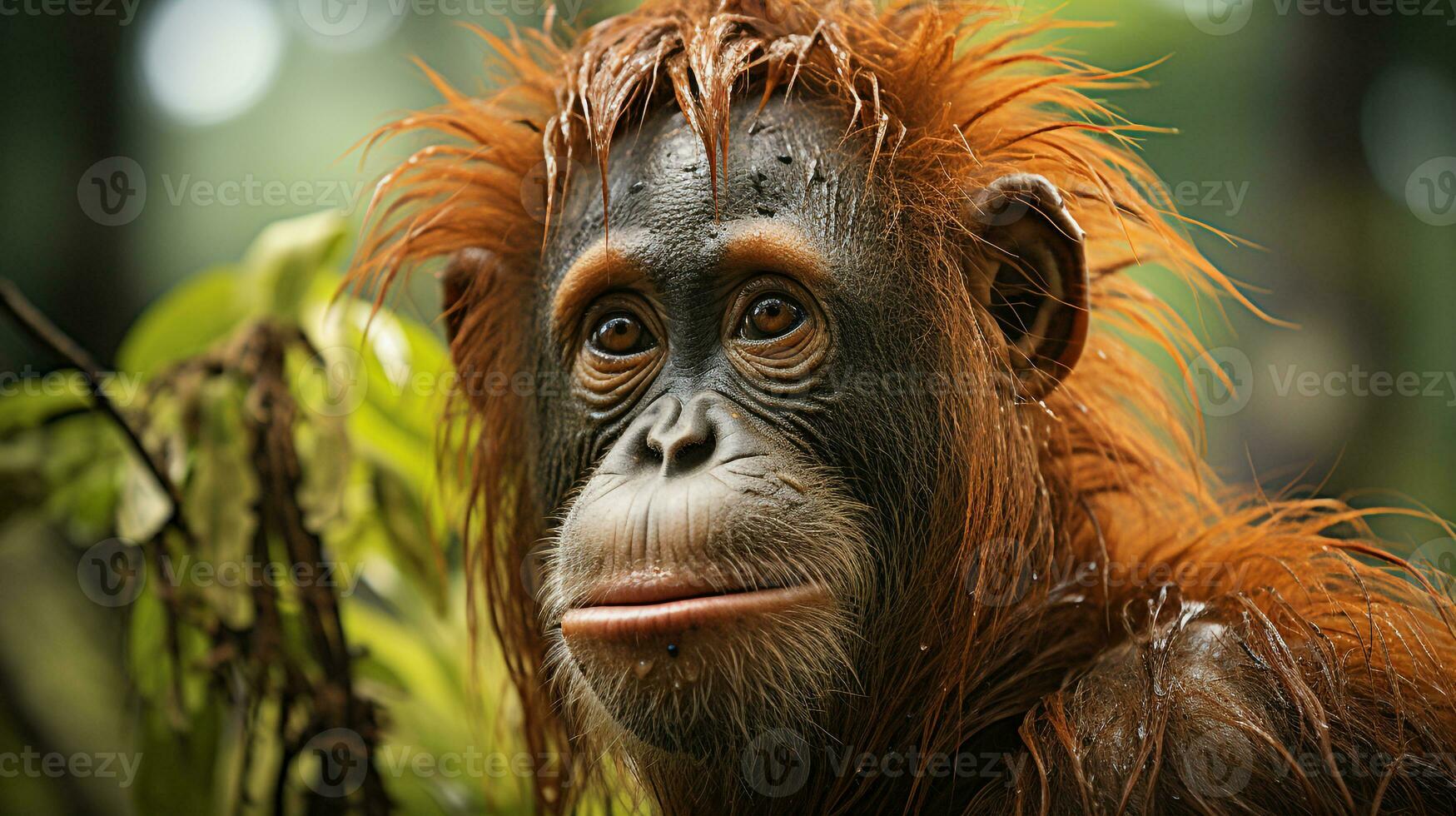 Nahansicht Foto von ein Orang-Utan suchen irgendein Richtung auf Dschungel. generativ ai