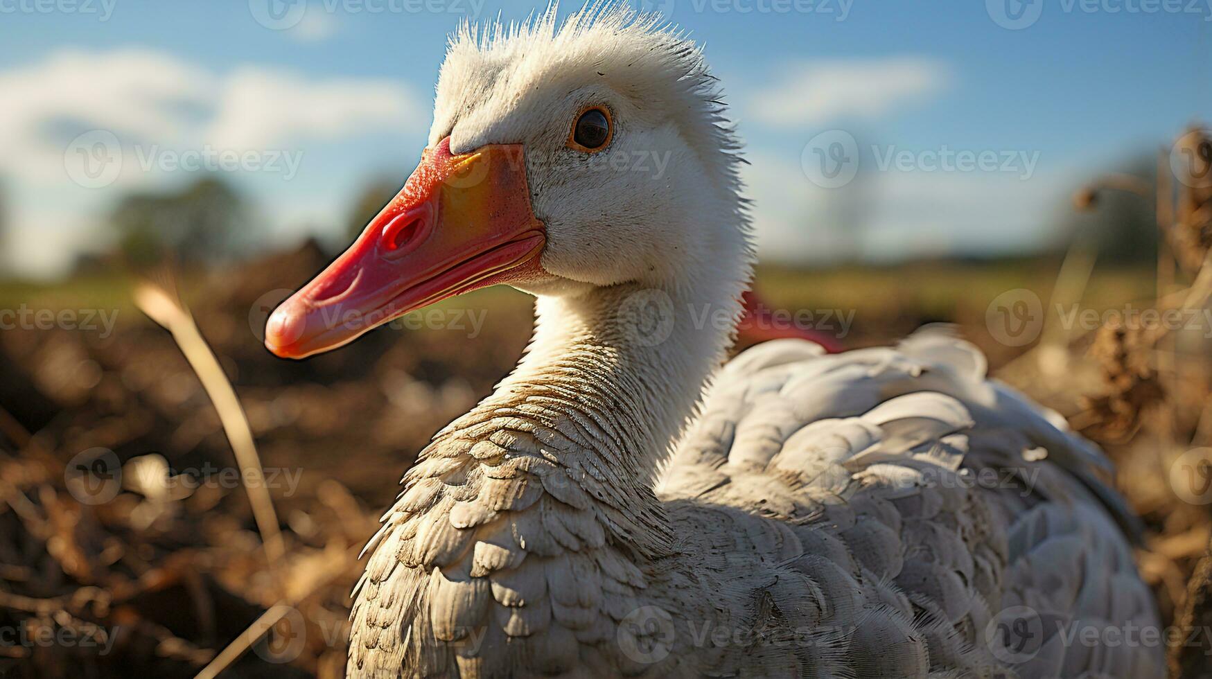 Nahansicht Foto von ein Gans suchen irgendein Richtung. generativ ai