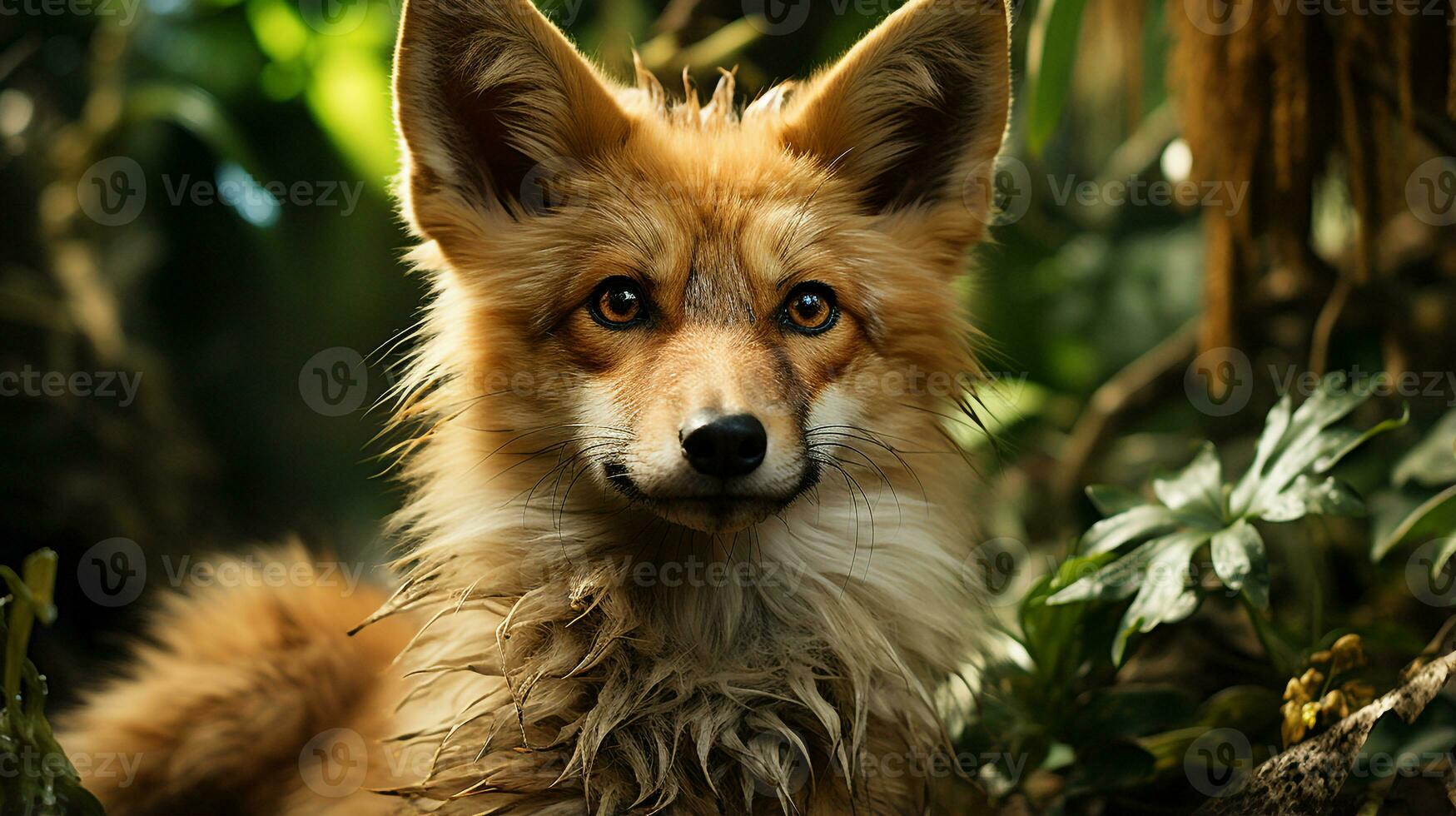 Nahansicht Foto von ein Fuchs suchen irgendein Richtung auf Dschungel. generativ ai