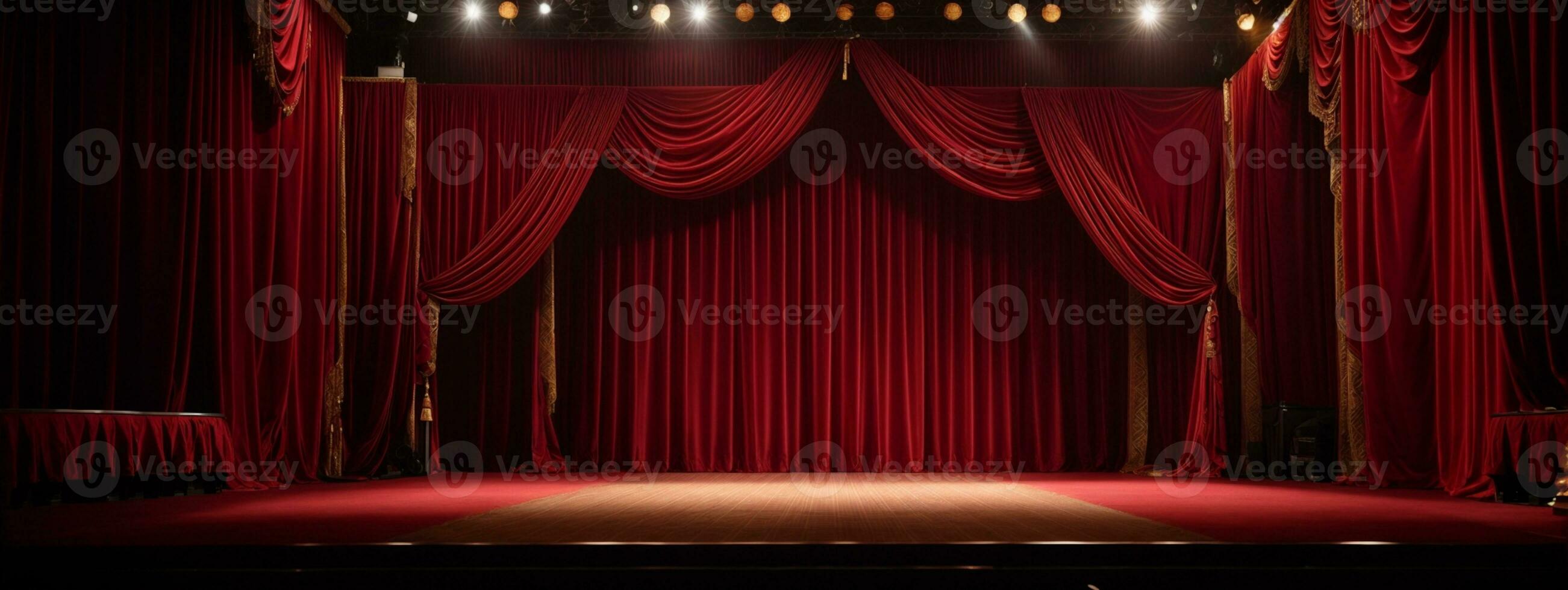rot Bühne Vorhang mit Bogen Eingang. ai generiert foto