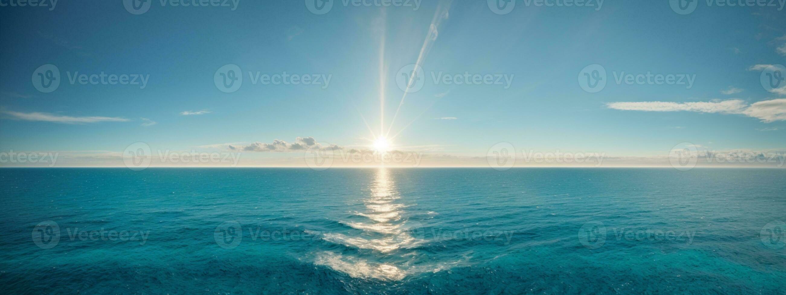 Blau Ozean Panorama mit Sonne Betrachtung, das riesig öffnen Meer mit klar Himmel, Welligkeit Welle und Ruhe Meer mit schön Sonnenlicht. ai generiert foto