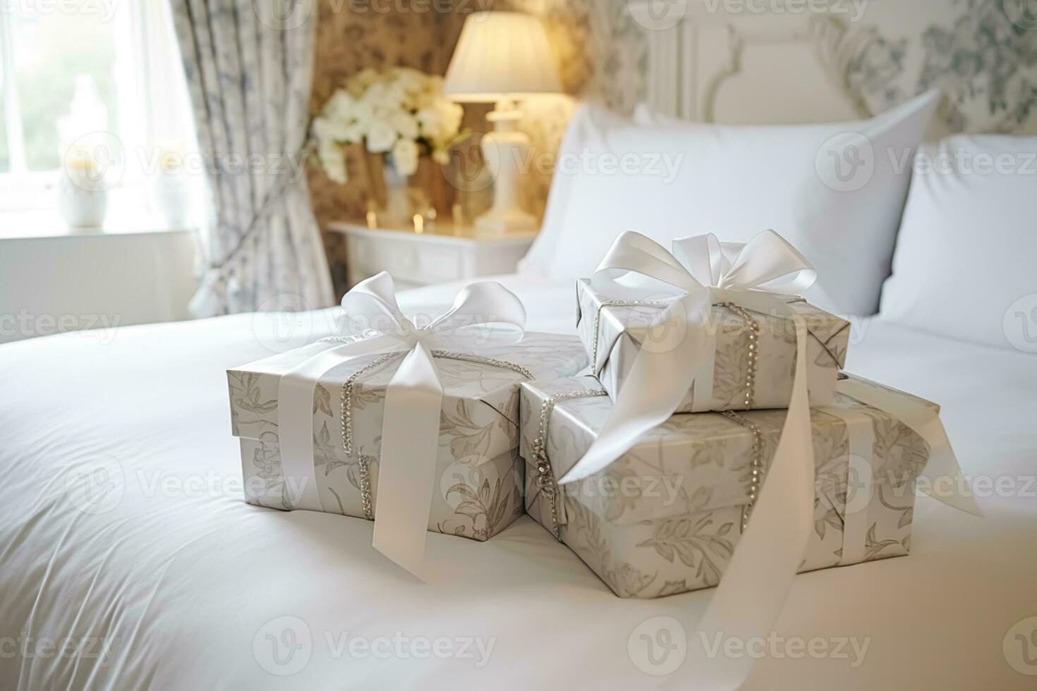 Hochzeit Geschenke und Blumen im ein elegant Weiß Schlafzimmer, generativ ai foto