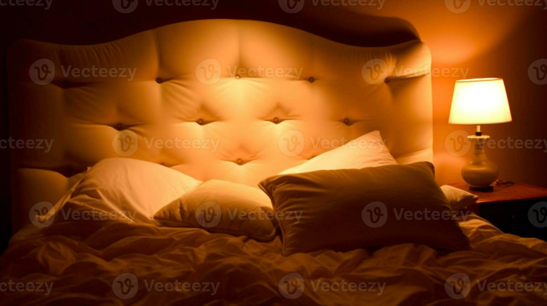 romantisch Rückzug gemütlich Schlafzimmer mit King-Size getuftet Bett und Sanft Beleuchtung, generativ ai foto