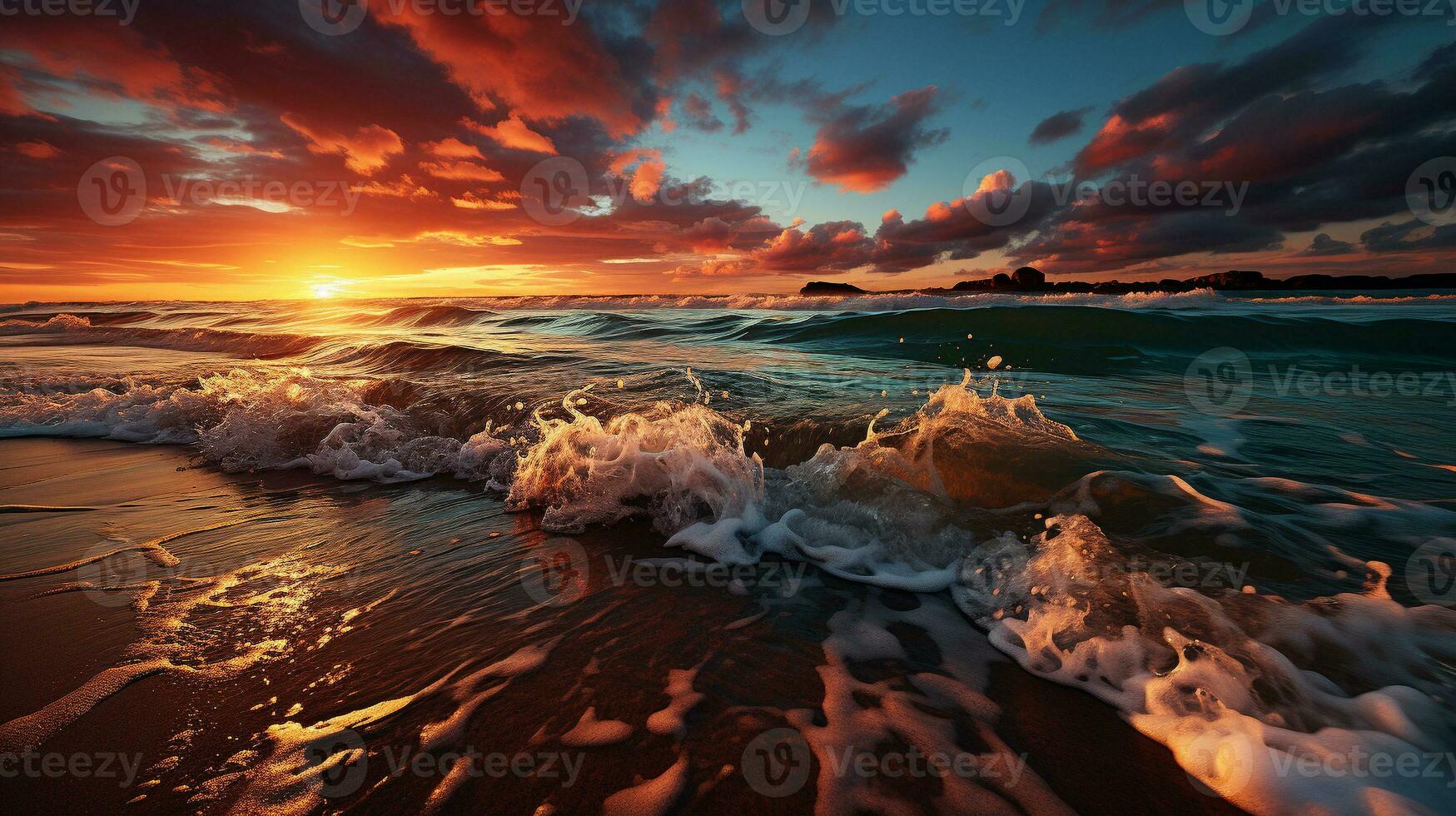 Schönheit von Strand Sonnenaufgang Sanft und golden Ozean Sonnenlicht, ai generativ foto