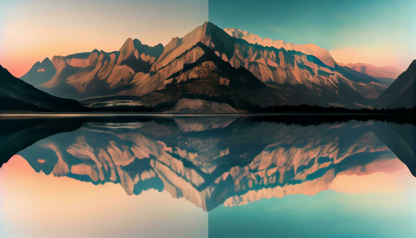 generativ ai, Reflexionen beim Sonnenuntergang ein Berg See Fata Morgana foto