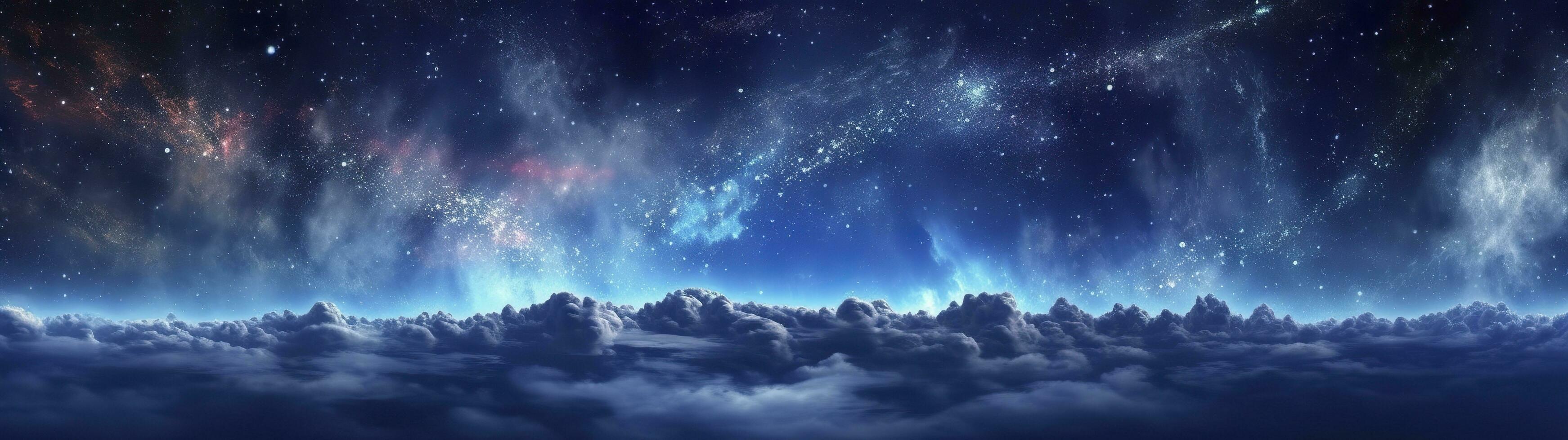 Panorama dunkel Blau Nacht Himmel, milchig Weg und Sterne auf dunkel Hintergrund, Universum gefüllt mit Sterne, Nebel und Galaxis, ai generativ foto