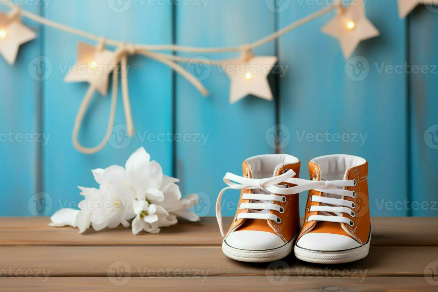 hölzern Hintergrund Highlights süß Baby Schuhe, perfekt zum Hinzufügen Benutzerdefiniert Text ai generiert foto