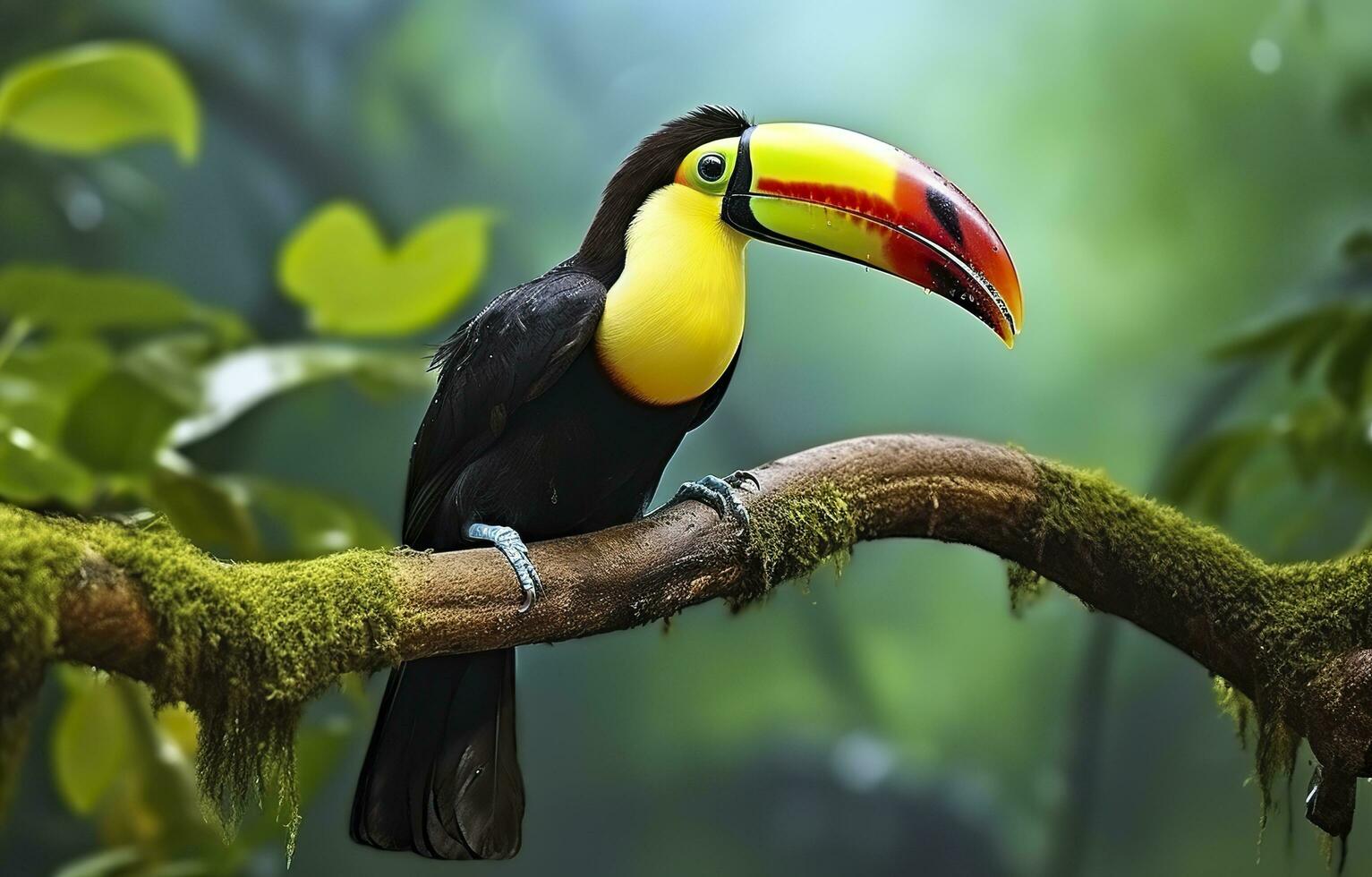 kastanie Unterkiefer Tukan Sitzung auf das Ast im tropisch Regen mit ein Grün Dschungel. generativ ai foto