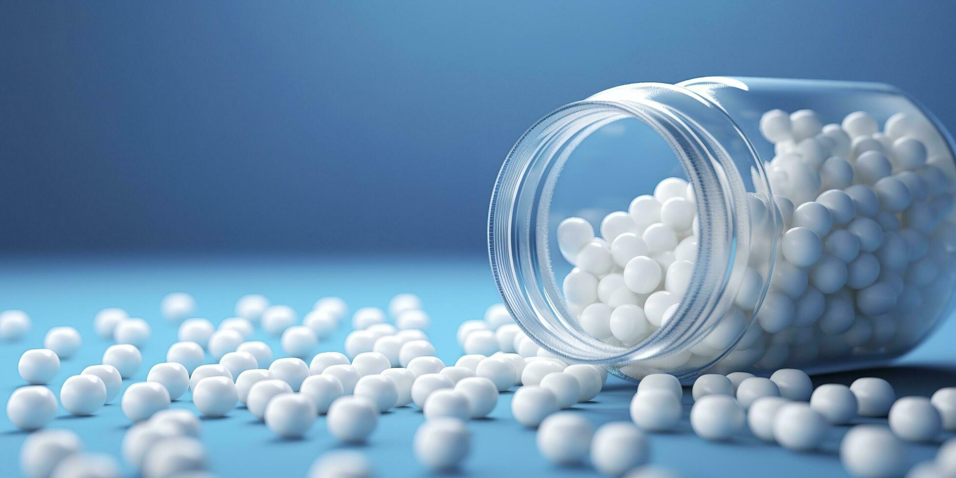 Weiß Tabletten von Plastik Medizin Flaschen auf Blau Hintergrund mit Kopieren Raum. Medizin und Gesundheit Konzept. 3d Wiedergabe. ai generativ foto