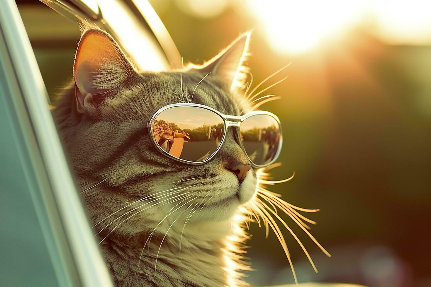 Erfassung ein verträumt Betrachtung durch Fotografieren ein Katze tragen Sonnenbrille mit ein Jahrgang leica m6, Hervorheben das Textur und Kontrast von ein alt Timer Wagen. ai generativ foto