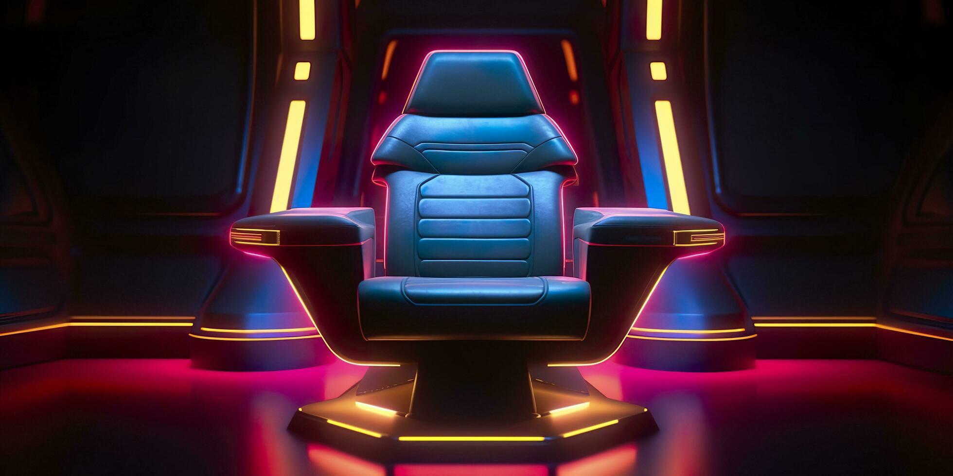 80er Jahre inspiriert Kapitän Stuhl von Star Wanderung mit Neon- Beleuchtung und Cockpit Innere Hintergrund. ai generativ foto