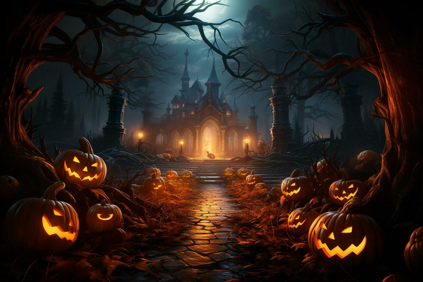 Halloween Hintergrund mit Kürbisse und verfolgt Haus - - 3d machen. Halloween Hintergrund foto