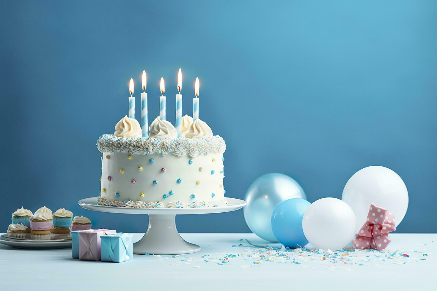 Geburtstag Kuchen mit Kerzen und Süßigkeiten auf Weiß Tabelle in der Nähe von Blau Mauer. generativ ai foto