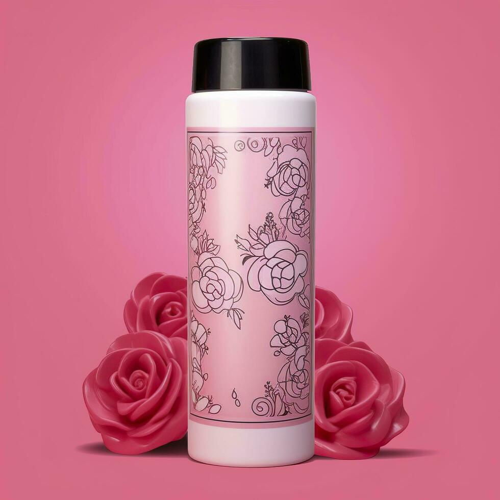 Amazonas Produkt Bild Körper waschen, Zylinder Flasche solide Farbe Rosa Hintergrund, mit Rosen, ai generativ foto