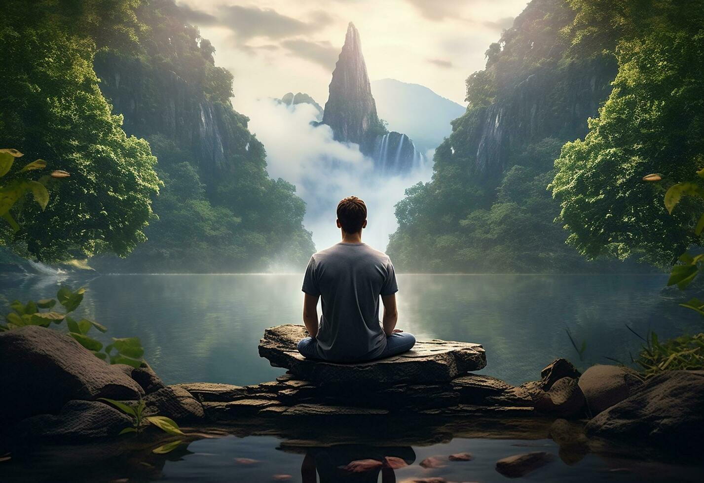 ai generativ Foto von ein Mann üben Achtsamkeit und Meditation im ein friedlich natürlich Umgebung Sony a7s realistisch Bild, Ultra hd, hoch Design sehr detailliert