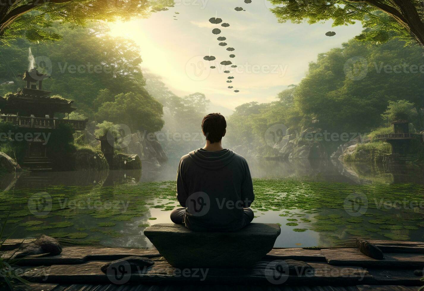 ai generativ Foto von ein Mann üben Achtsamkeit und Meditation im ein friedlich natürlich Umgebung Sony a7s realistisch Bild, Ultra hd, hoch Design sehr detailliert