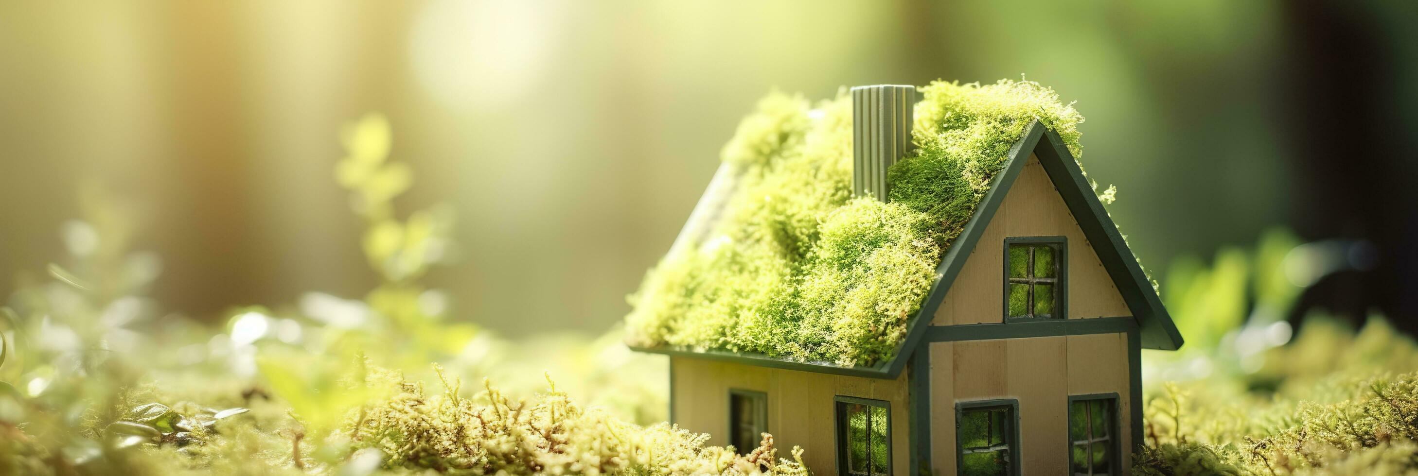 Öko Haus. Grün und ökologisch freundlich Gehäuse Konzept. Miniatur hölzern Haus im Frühling Gras, Moos und Farne auf ein sonnig Tag. ai generativ foto