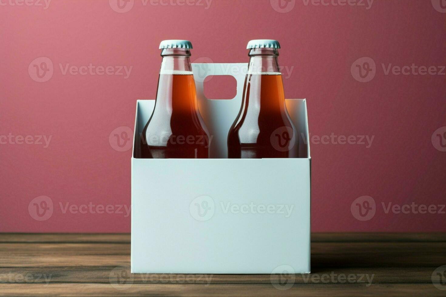 zwei vielfältig nicht alkoholisch Limonade Flaschen mit ein Weiß Papier Box auf ein toscha Hintergrund ai generiert foto
