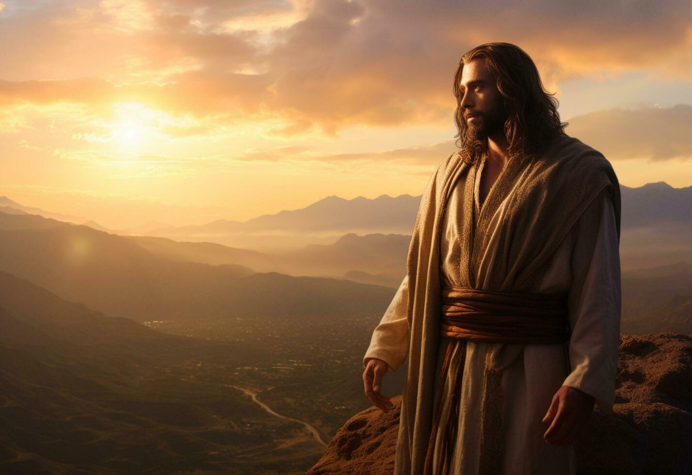 ai generativ Jesus Christus im das Hügel beim Sonnenuntergang im Bolta realistisch Bild, Ultra hd, hoch Design sehr detailliert 8 Tausend foto