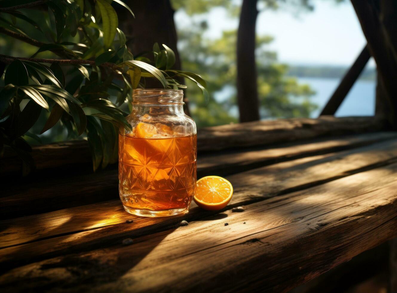 ein erfrischend trinken aus von das Flasche auf ein hölzern Geländer foto