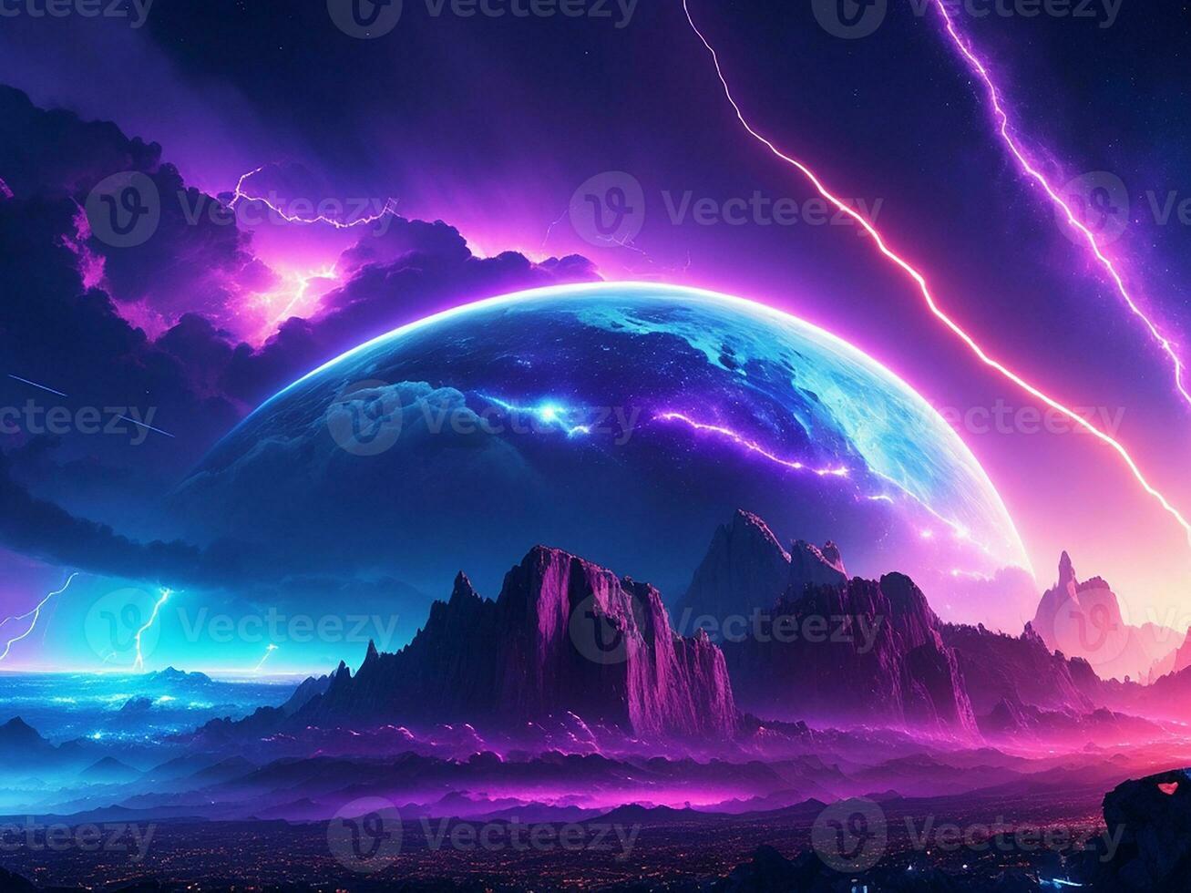 Planet im Raum Neon- Farben Blitz blitzt im das Himmel. generativ ai foto