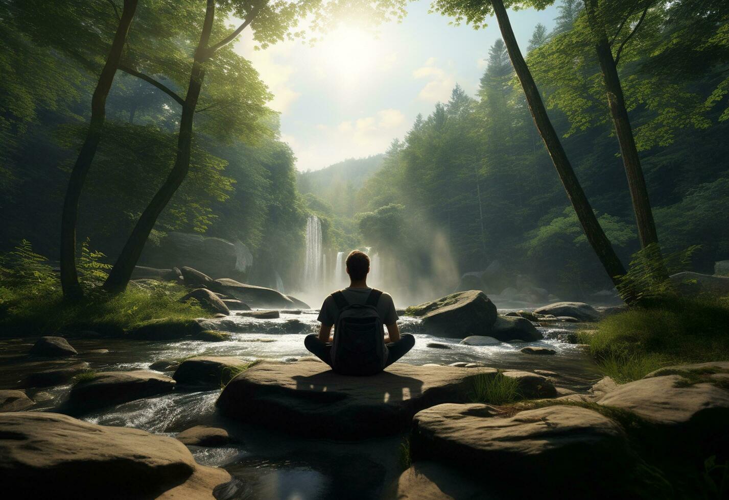 ai generativ Foto von ein Mann üben Achtsamkeit und Meditation im ein friedlich natürlich Umgebung Sony a7s realistisch Bild, Ultra hd, hoch Design sehr detailliert