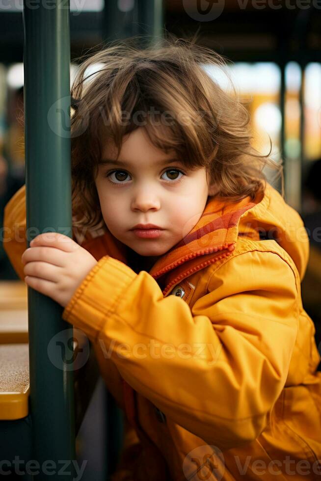 schüchtern Kind Erröten und vermeiden Auge Kontakt während ein Spielplatz Interaktion foto