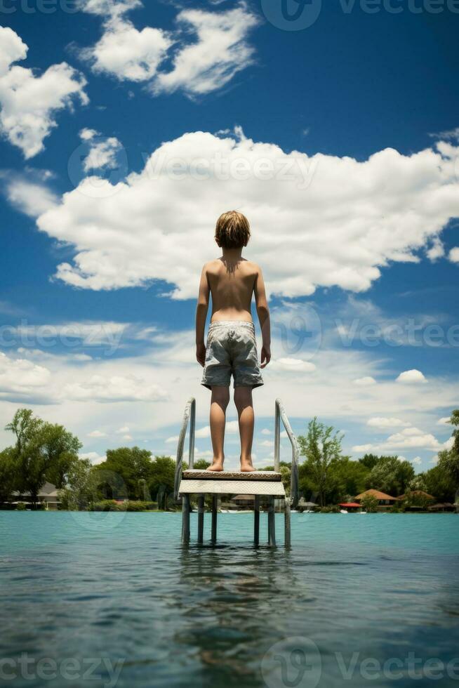 Kind Stehen auf das Kante von Tauchen Tafel Mischung von Angst und Mut foto