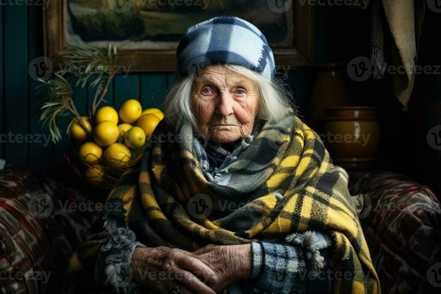 alt Frau im gemütlich Plaid gemacht von Zitronen und Ingwer foto